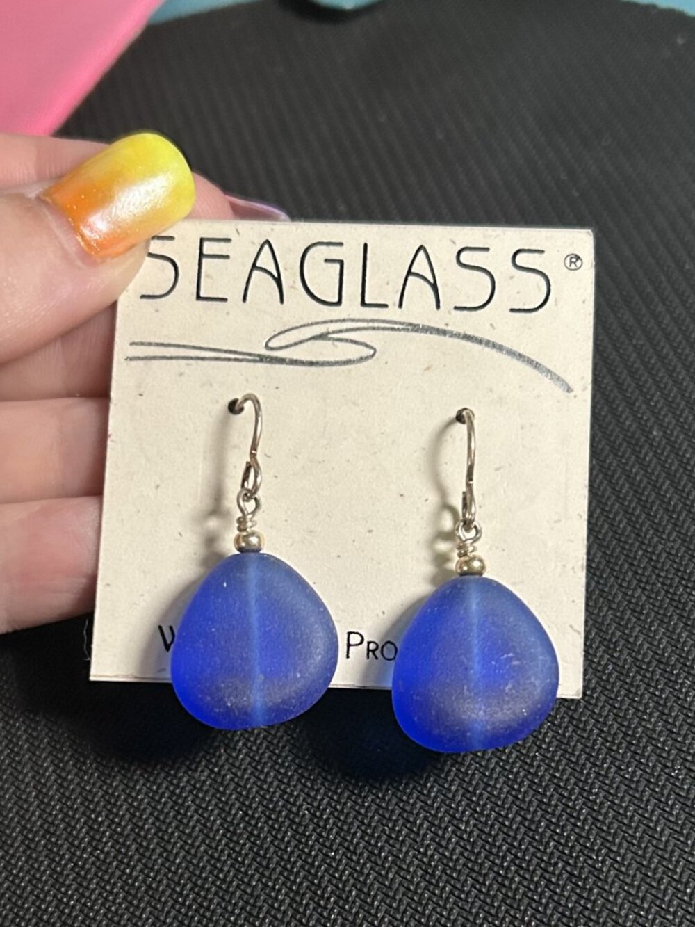 White Light Productions Seaglass Cobalt Blue Water Drop Dangle Earrings NWT